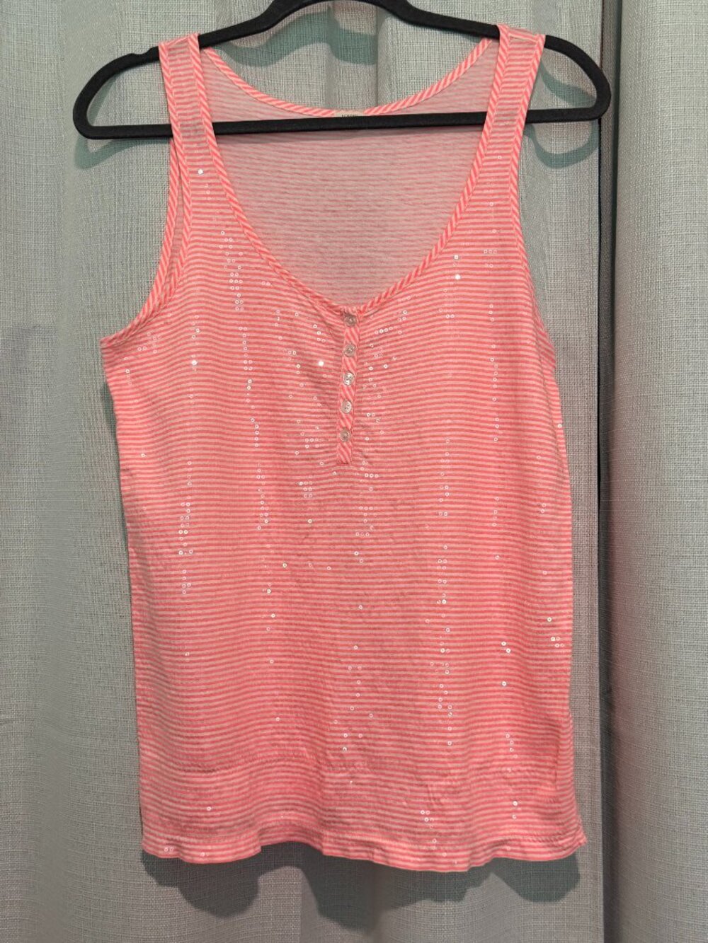 J. Crew Pink Striped Sequin Henley Tank Top Size L Cotton Summer - Picture 1 of 6